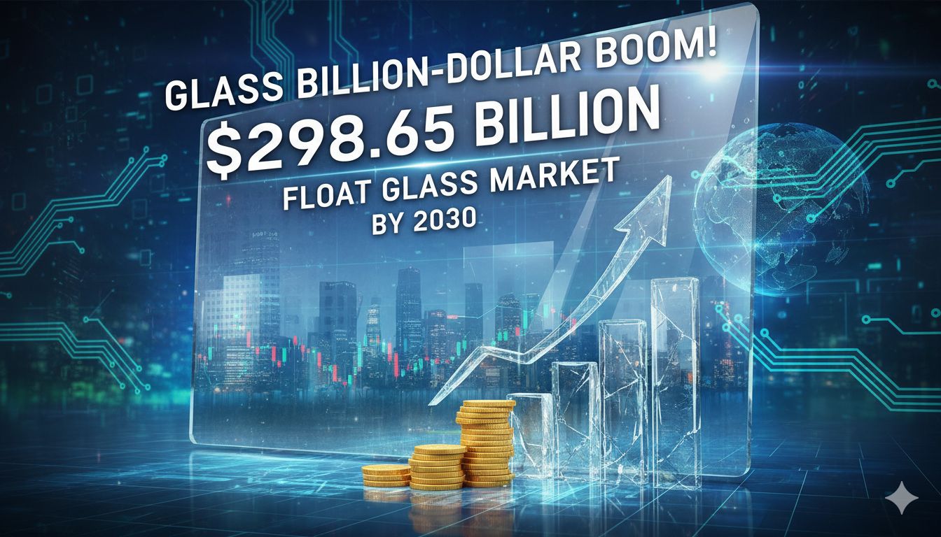Aerial view of modern float glass manufacturing plant with production lines and raw materials