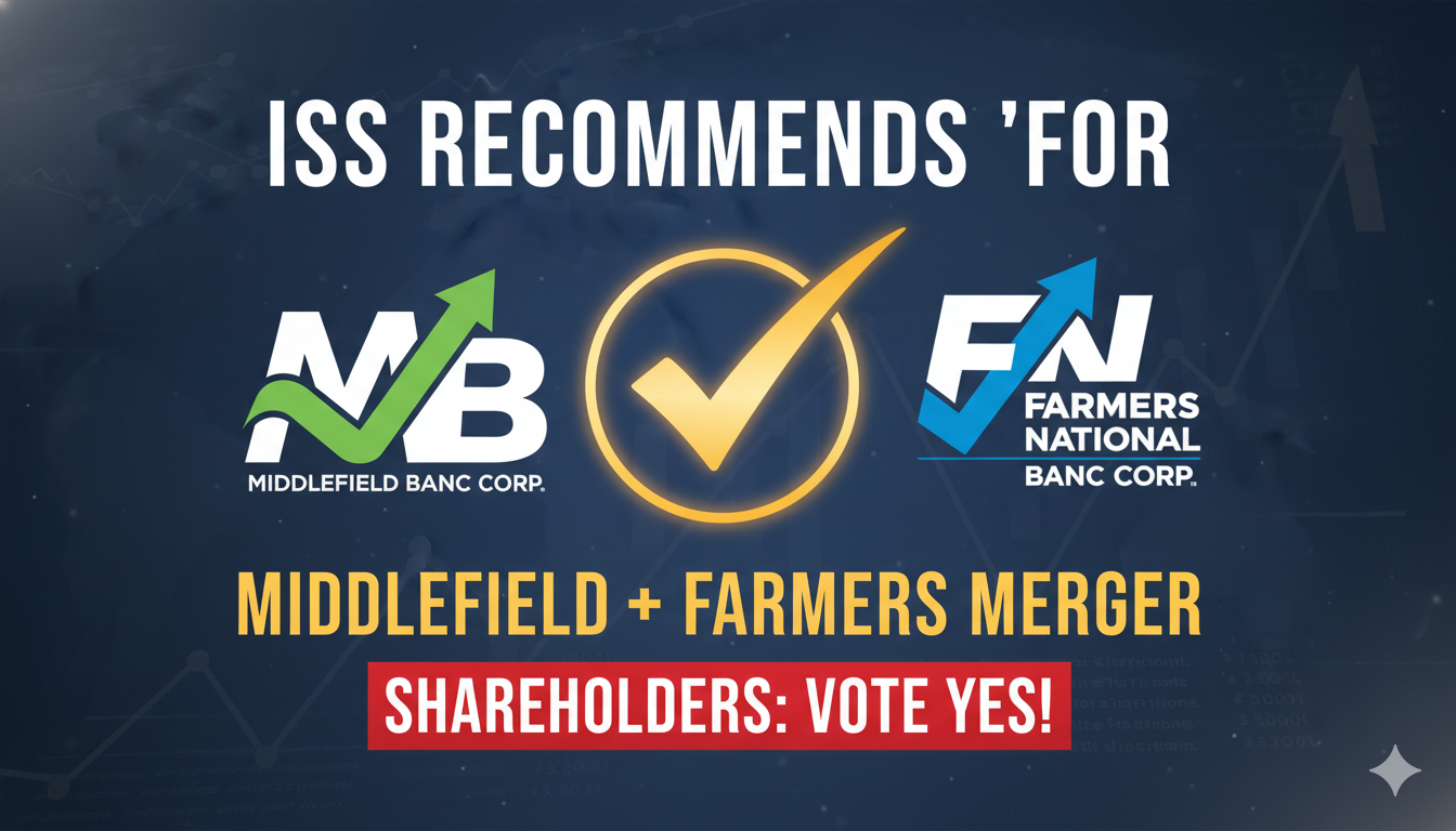 Conceptual illustration of two community bank branches combining into a larger, unified institution representing the merger of Middlefield Banc Corp. and Farmers National Banc Corp.