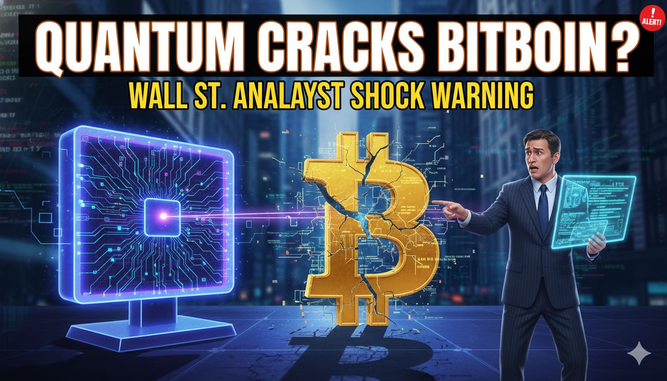 A stylized quantum processor looming over a cracked Bitcoin symbol