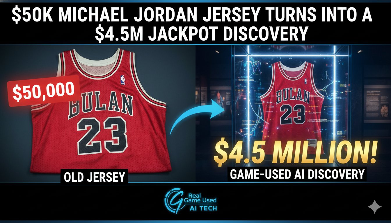 A close-up view of a red Chicago Bulls road jersey with number 23, showing detailed stitching, fabric wear patterns, and classic 1980s design elements under examination.