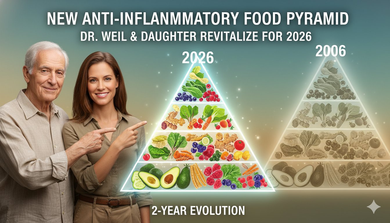 Colorful illustration of the updated five-tier Anti-Inflammatory Food Pyramid with vegetables at the base and supplements at the top.