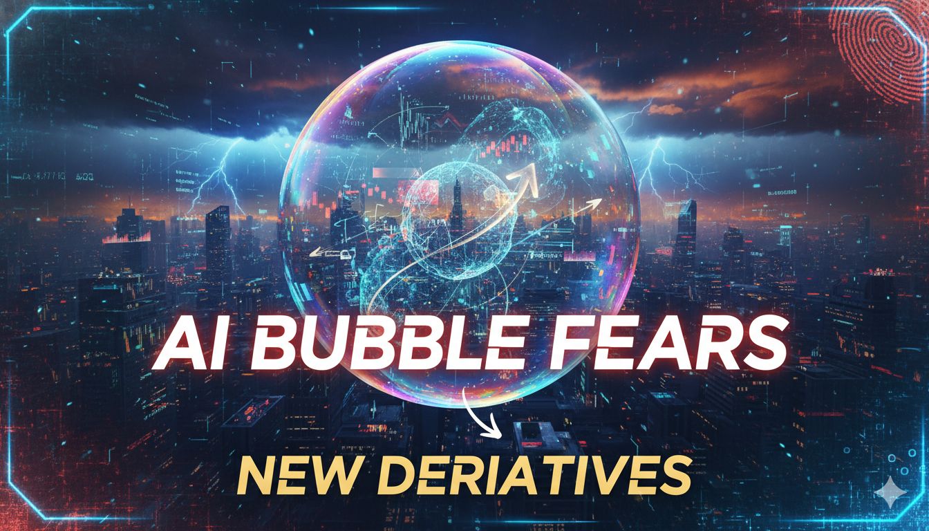 Stock market chart showing rising volatility with AI-related tech stocks and credit derivatives overlay