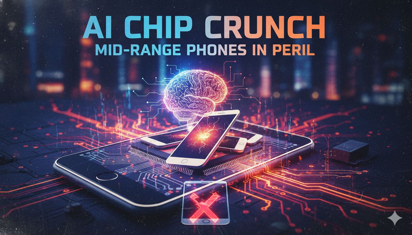 Illustration of a smartphone motherboard with glowing memory chips under pressure from AI data center icons