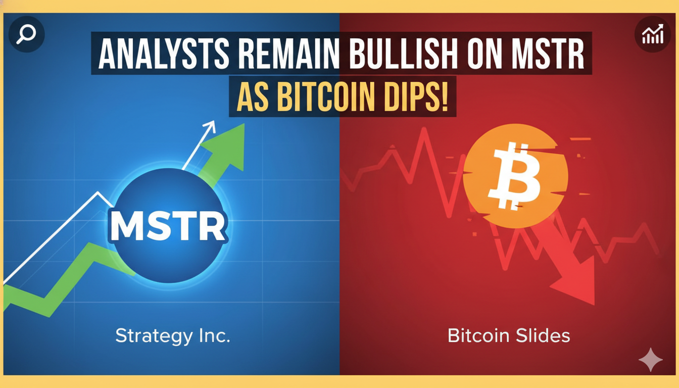 Graph illustrating Bitcoin price decline alongside MicroStrategy stock performance with analyst target overlays.