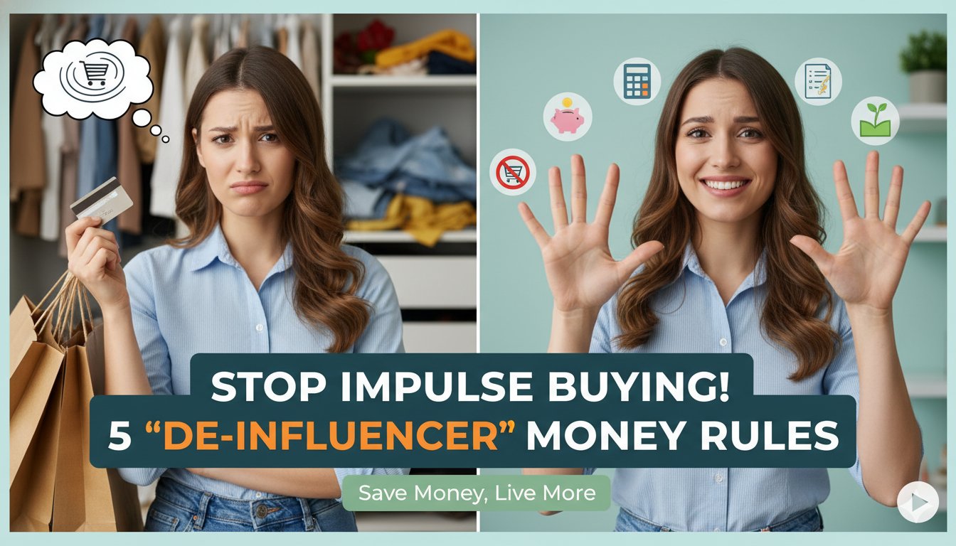 A thoughtful person reviewing a shopping wishlist on their phone, symbolizing mindful spending and curbing impulse buys as promoted by de-influencers.