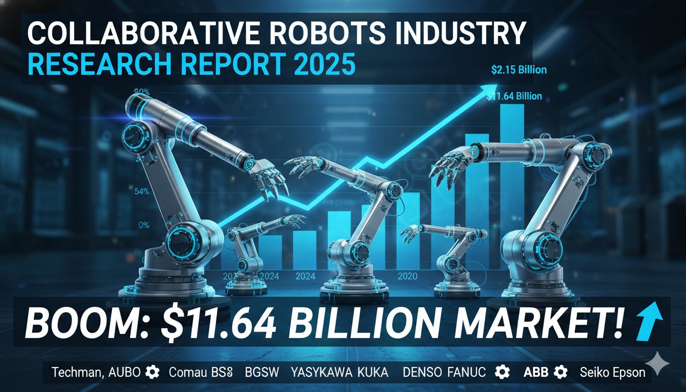 Global collaborative robots market growth chart from 2024 to 2030 showing expansion to $11.64 billion with key players logos