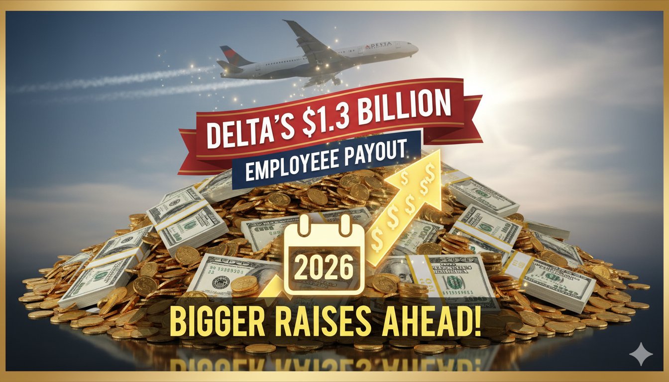 Delta Air Lines aircraft on runway with employees celebrating profit-sharing payout