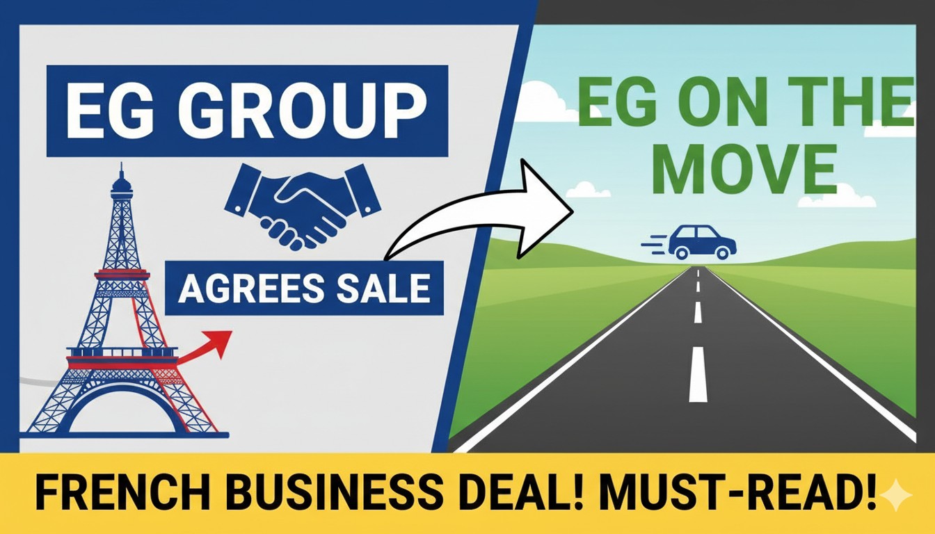 Aerial view of a modern EG Group fuel and convenience forecourt station in France with pumps, shop, and signage.