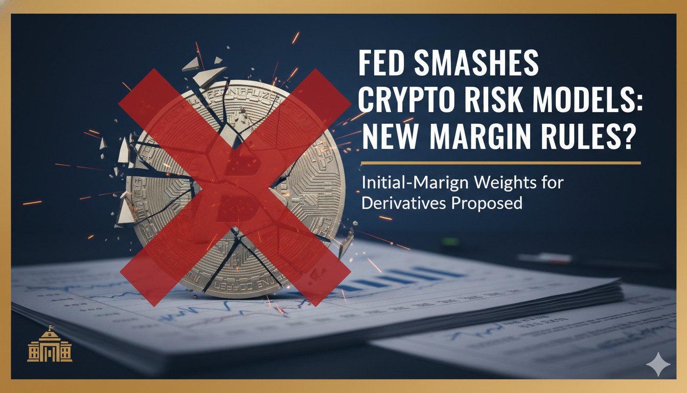 Illustration of Federal Reserve building with cryptocurrency symbols like Bitcoin and blockchain elements overlaid, representing regulatory scrutiny on crypto derivatives risk models.