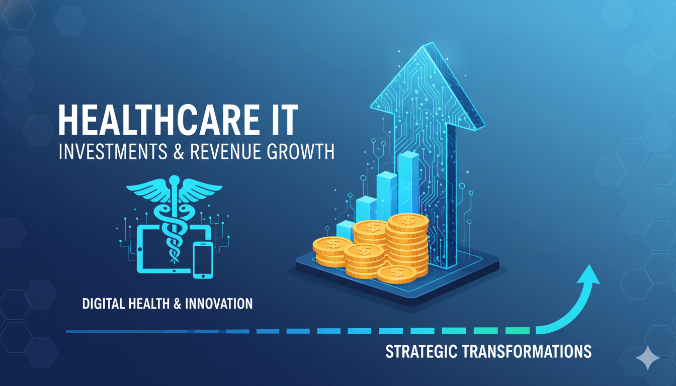 Network of digital health icons connected by data streams representing IT investments in healthcare