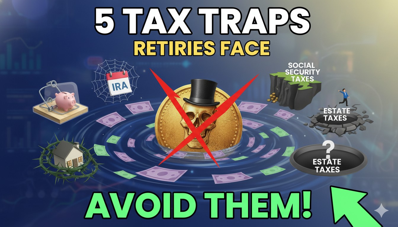 Senior couple examining financial documents with caution symbols representing tax pitfalls