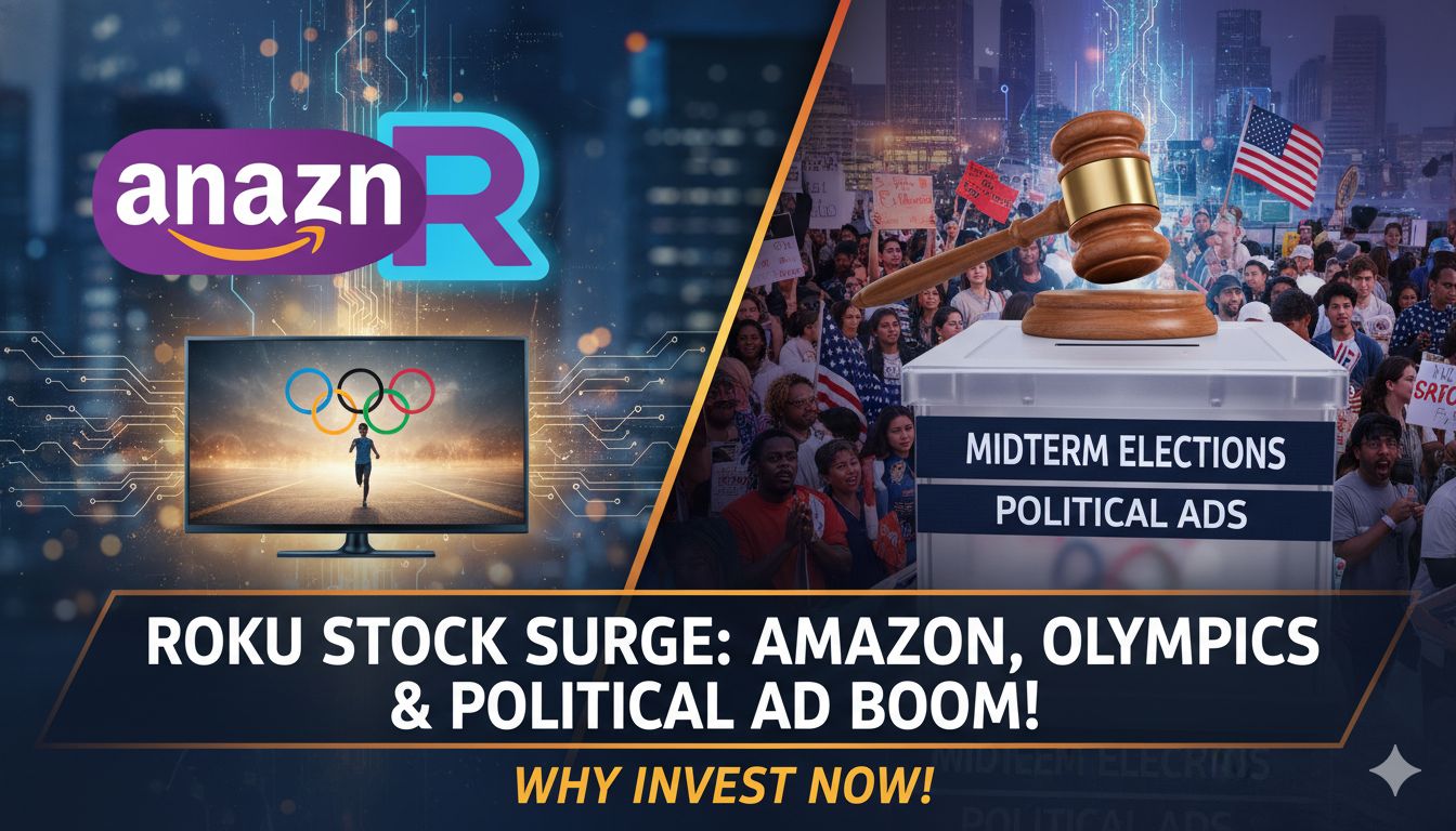 Graph showing Roku stock performance with upward arrows representing growth from partnerships and events