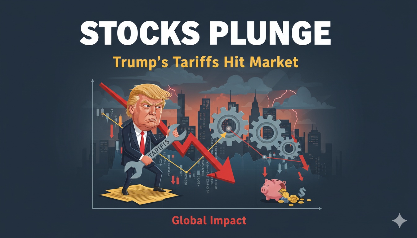 U.S. stock market indices declining on electronic ticker board amid Trump tariff announcement