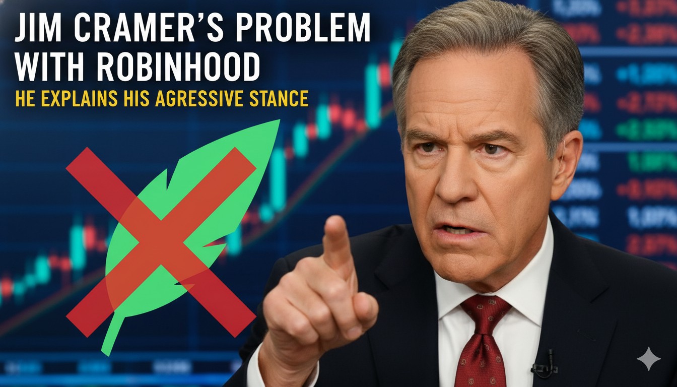 Alt Text for featured image : Jim Cramer discussing stock market analysis on CNBC, with Robinhood Markets logo and crypto charts in background