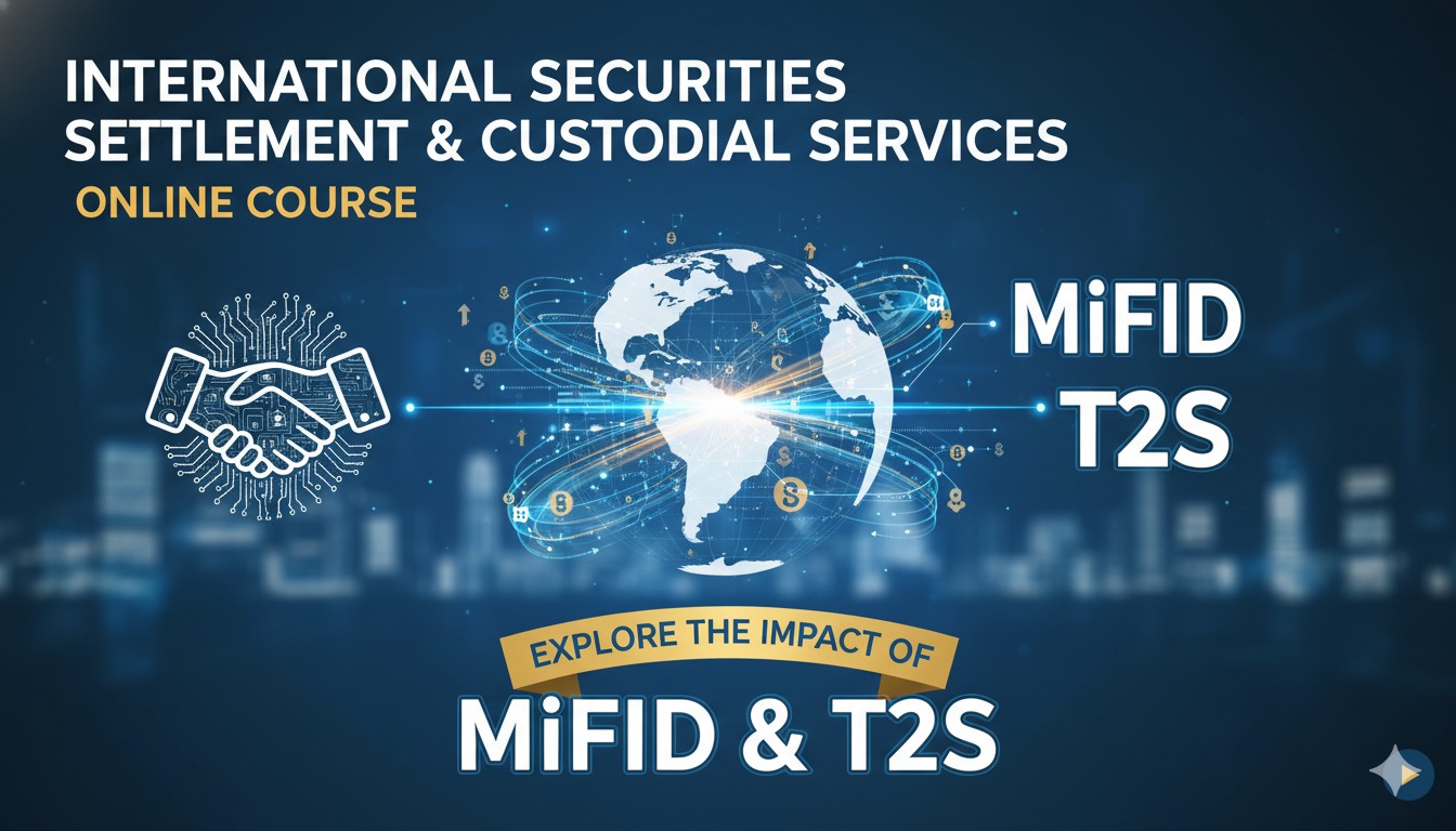Alt Text for featured image : Illustration of global securities settlement process with MiFID and T2S icons overlaying interconnected European financial networks.