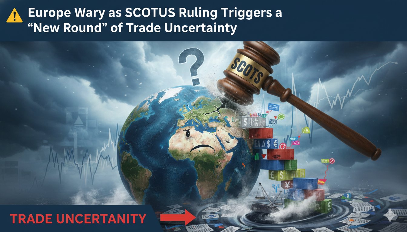 Map showing US and Europe flags connected by trade arrows with uncertainty symbols like question marks and tariff barriers overlay