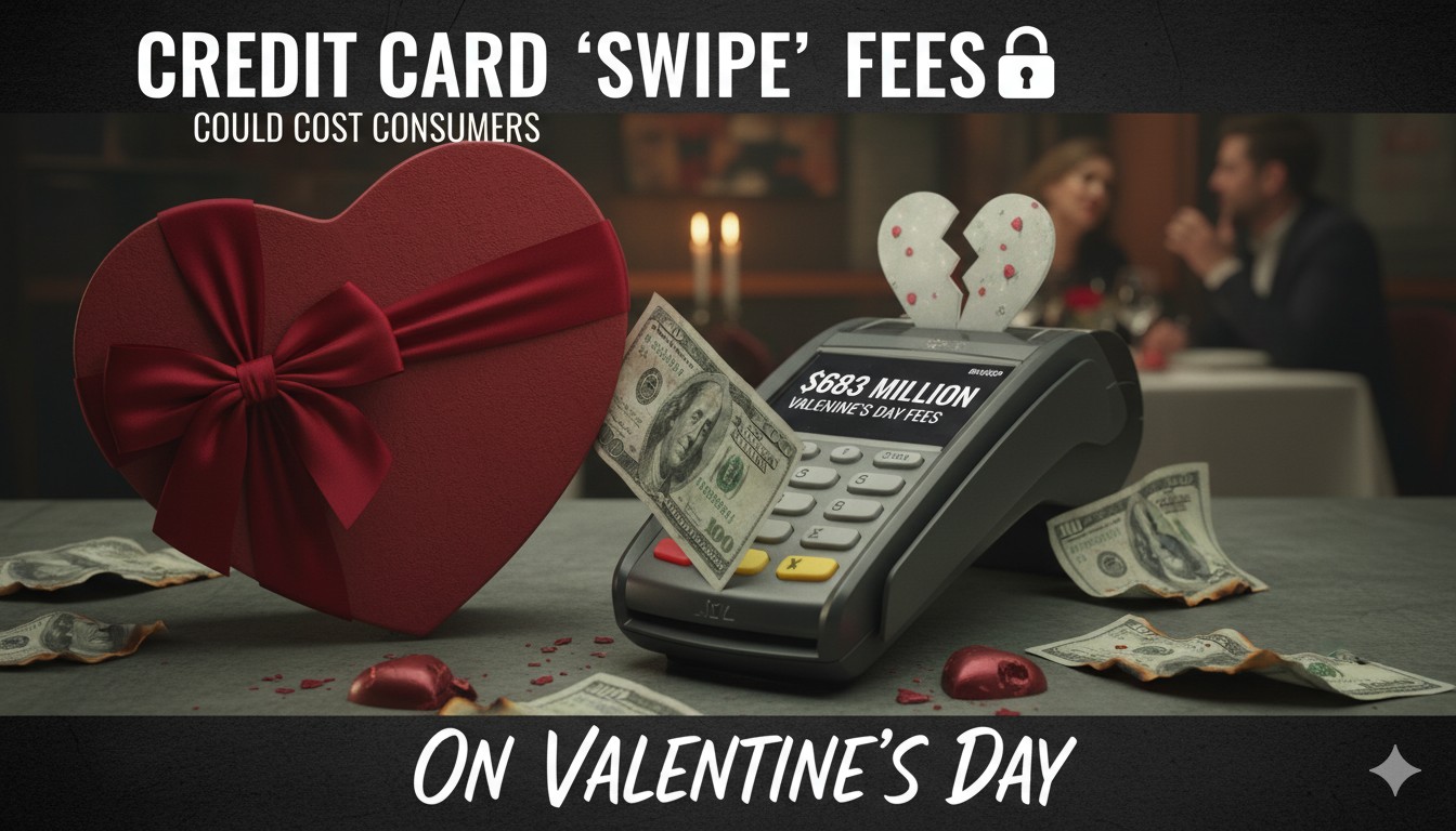 Illustration of a Valentine's Day gift receipt showing hidden credit card swipe fees adding up to extra costs for consumers.