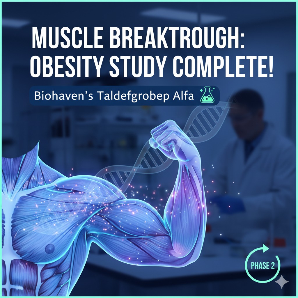 Illustration of a clinical trial participant receiving a subcutaneous injection for obesity treatment with taldefgrobep alfa, highlighting muscle preservation and fat reduction.