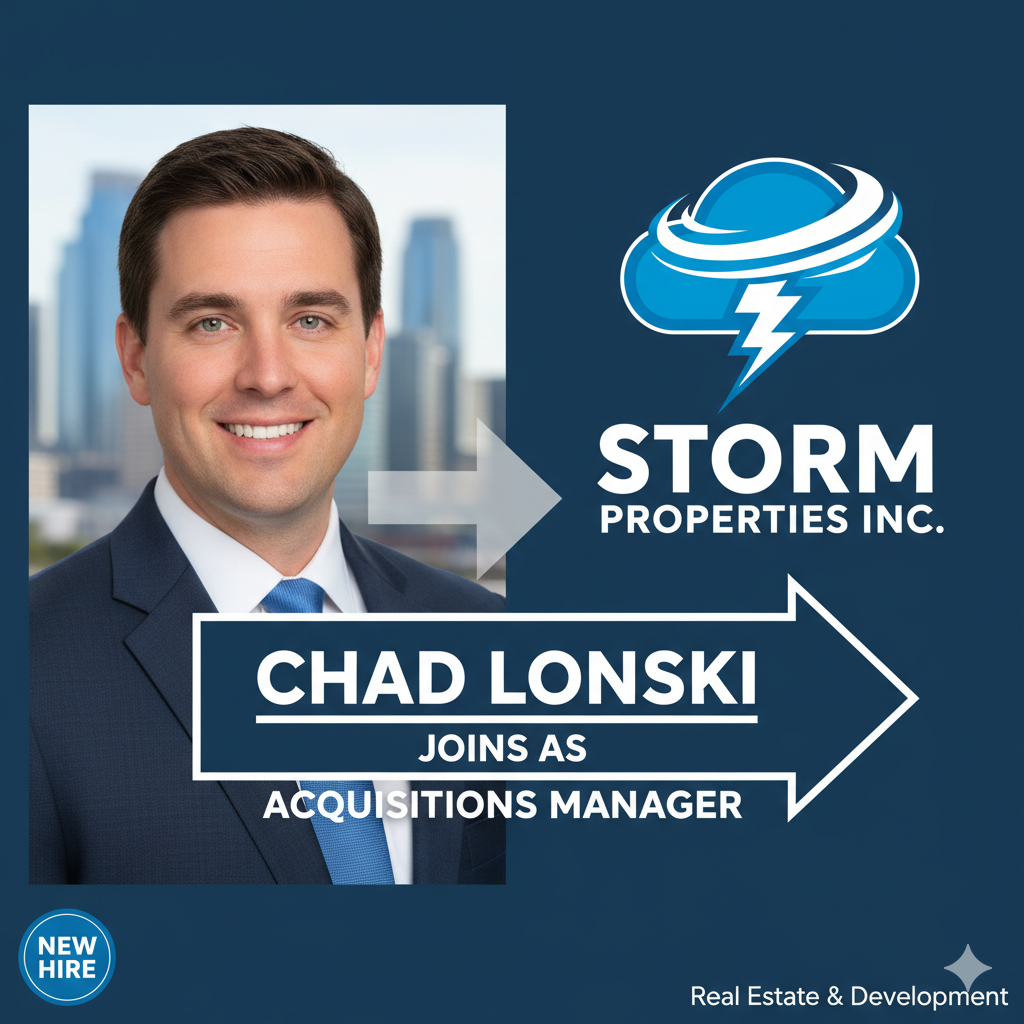 Chad Lonski, newly appointed Acquisitions Manager at Storm Properties, Inc., standing in front of a modern real estate development site in Southern California.