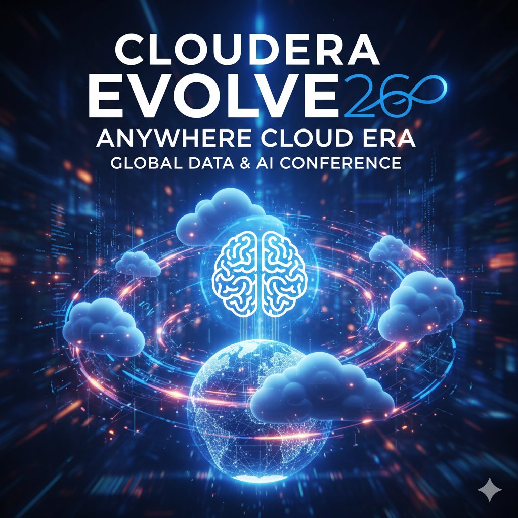 Cloudera EVOLVE26 conference stage highlighting the Anywhere Cloud Era for hybrid data and AI