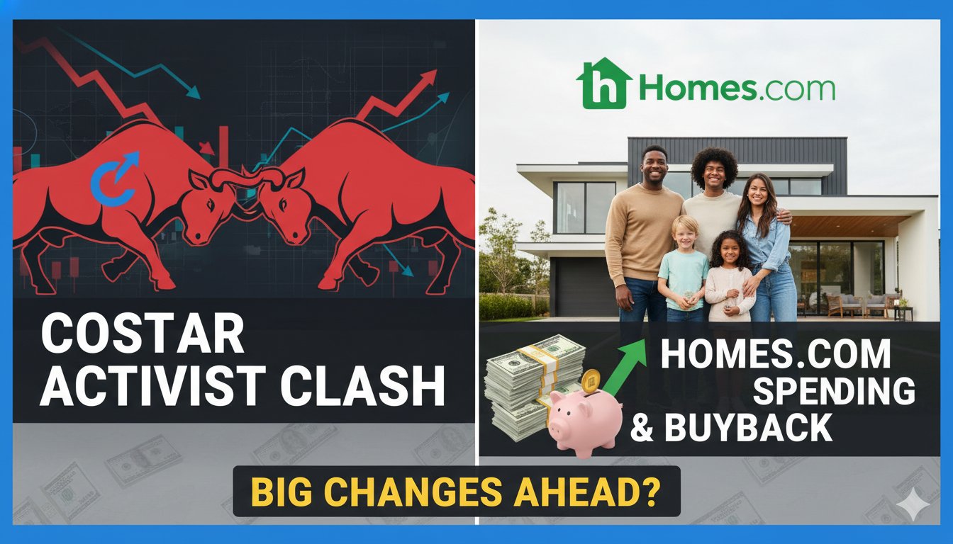 CoStar Group headquarters building with stock chart overlay showing activist investor pressure on Homes.com spending and buyback strategy