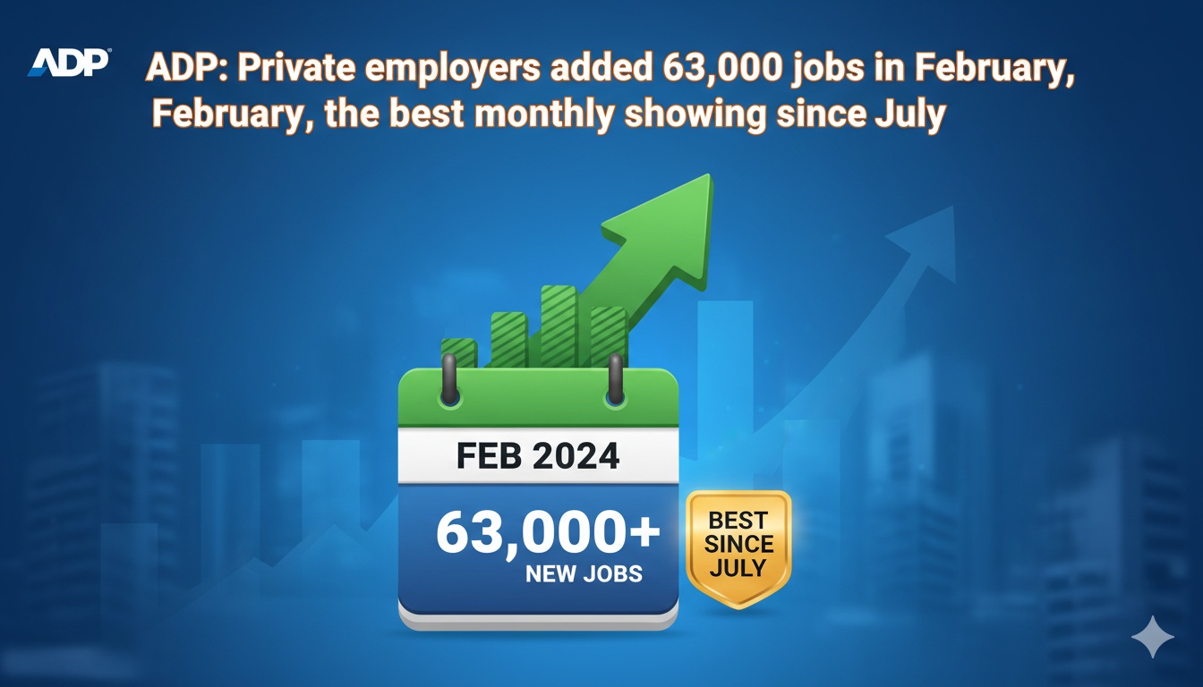 Chart showing US private sector job additions in February with 63,000 jobs highlighted against recent months.