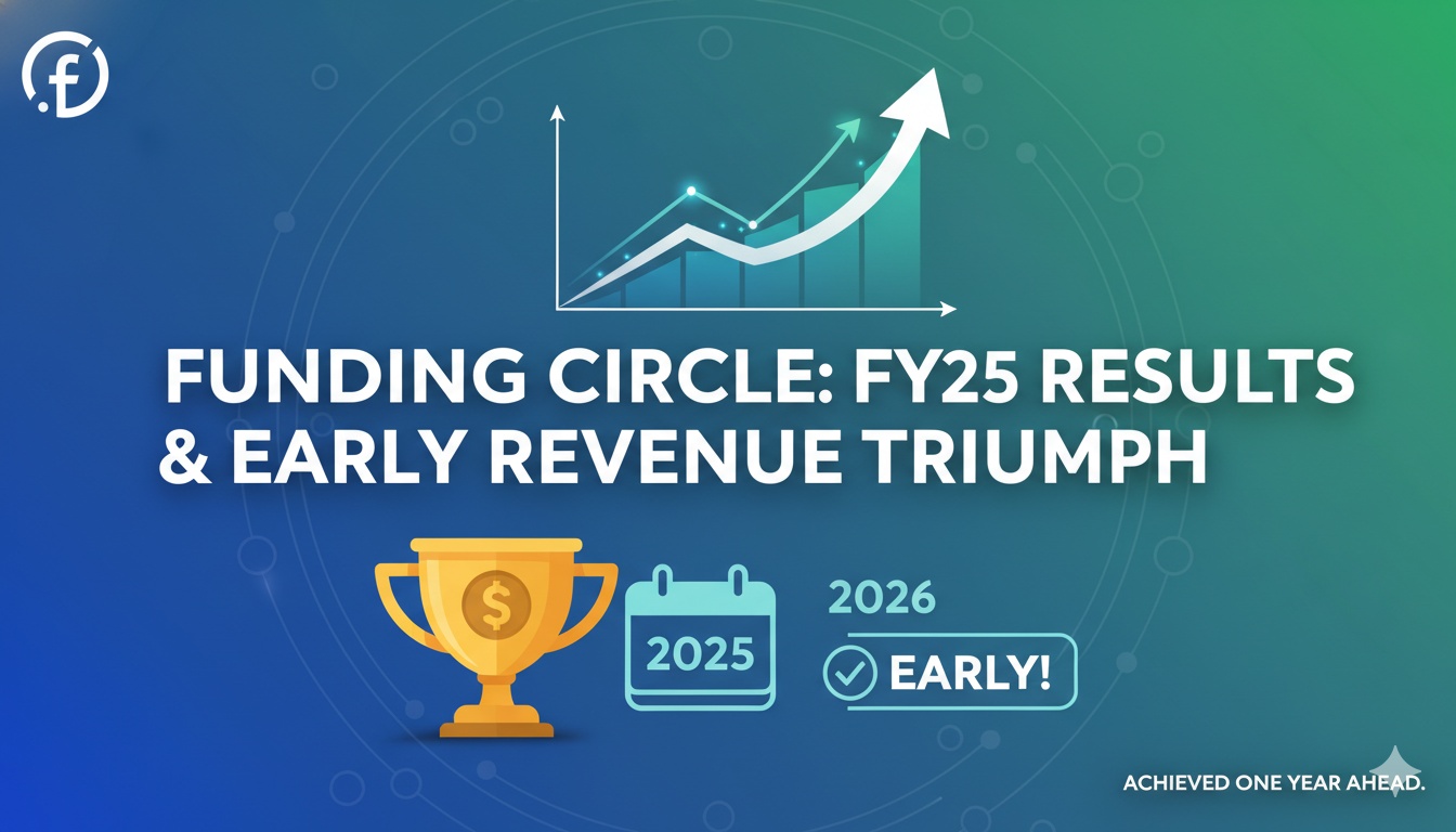 Funding Circle logo with financial charts showing revenue and profit growth for 2025 results