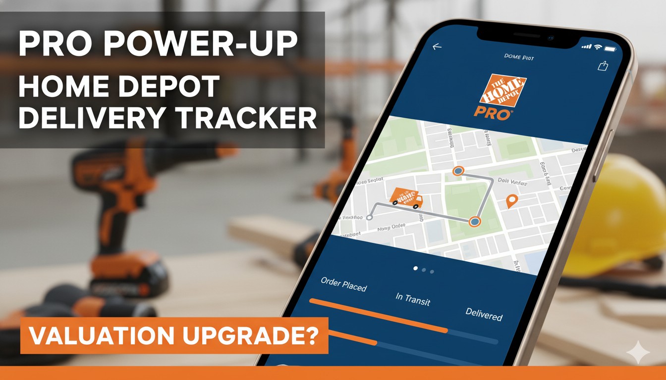 Home Depot delivery truck on a construction site with real-time GPS tracking interface overlay for professional contractors