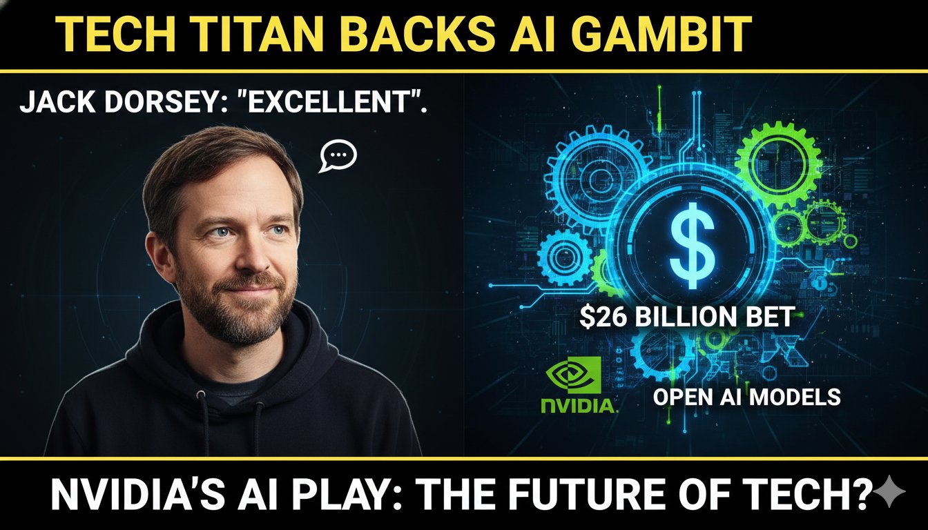 Jack Dorsey smiling while praising Nvidia's massive investment in open AI models on a tech news background