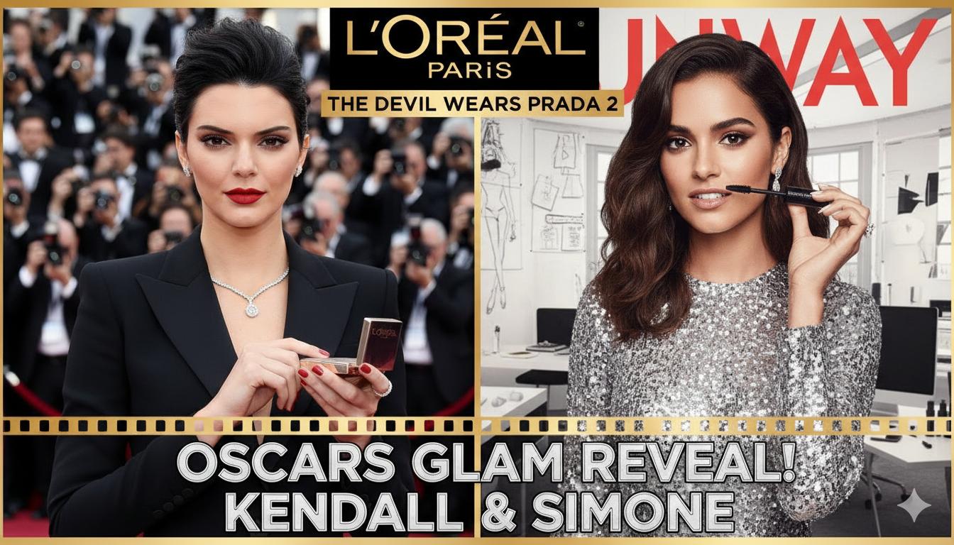 Kendall Jenner and Simone Ashley starring in L'Oréal Paris advertisement tied to The Devil Wears Prada 2, set in Runway magazine offices during Oscars broadcast
