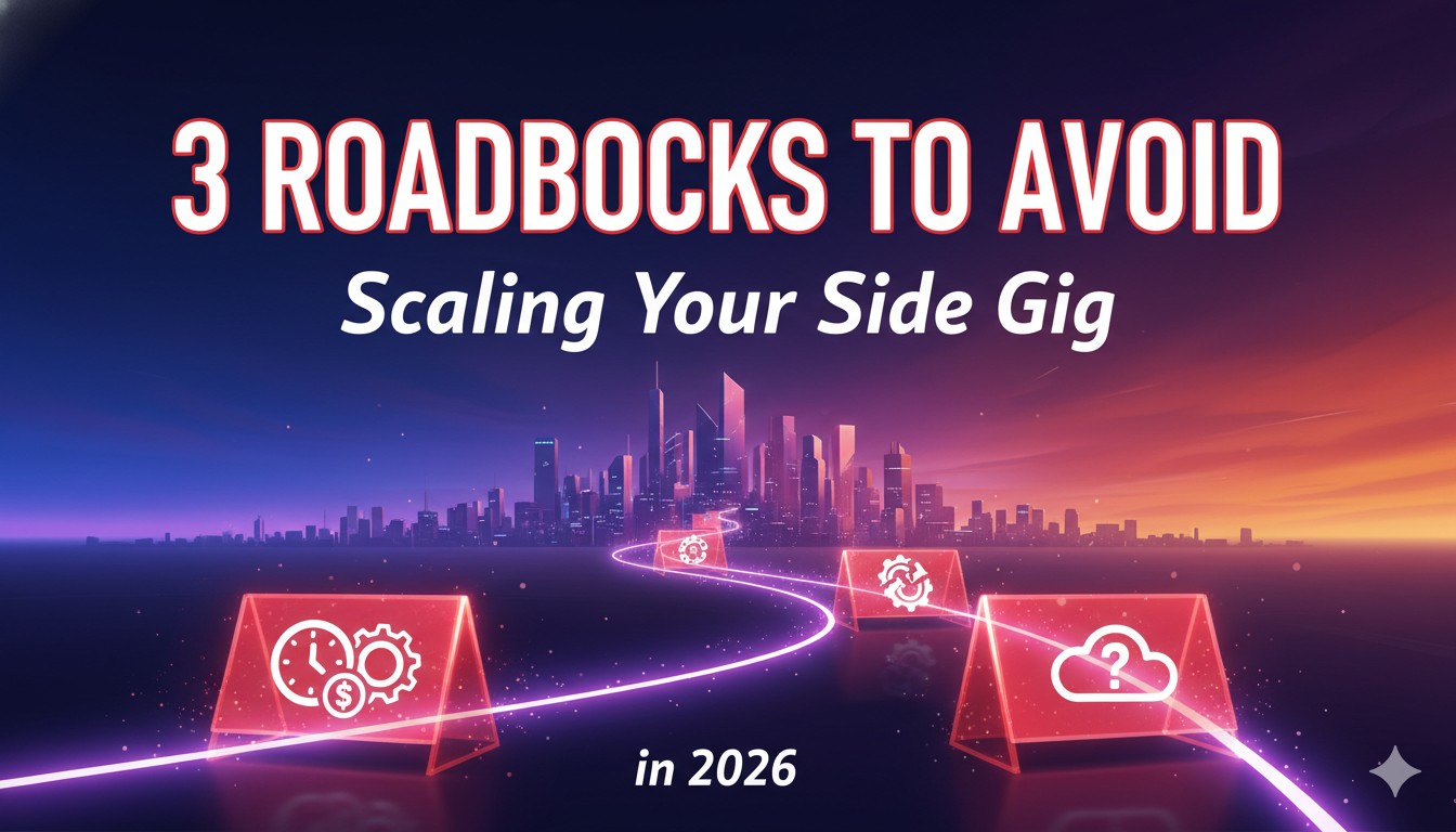 Entrepreneur working on laptop with growth charts and warning signs representing roadblocks in scaling a side hustle in 2026