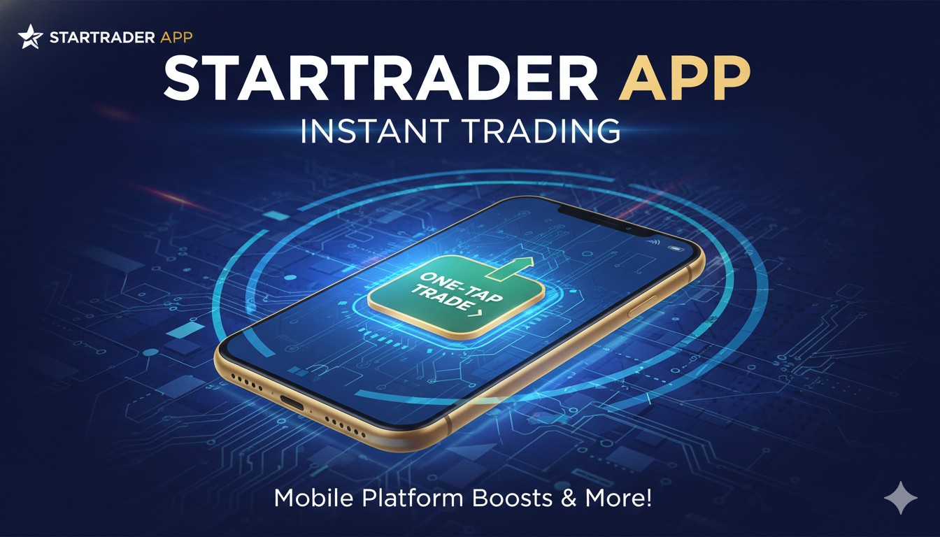 STARTRADER mobile trading app interface showing one-tap trading feature on K-line chart with buy and sell buttons