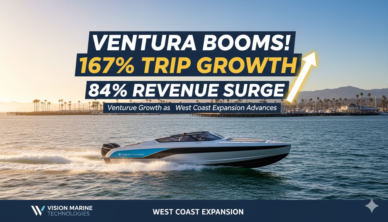 Electric boats docked at Portside Ventura harbor with calm ocean waters and California coastline in background, representing Vision Marine Technologies rental growth