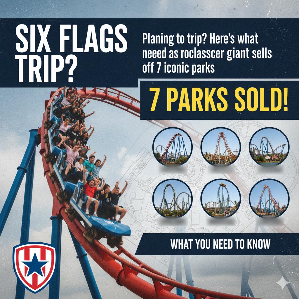 Six Flags roller coaster with thrilled riders against a blue sky, representing iconic amusement park thrills amid recent park sales.