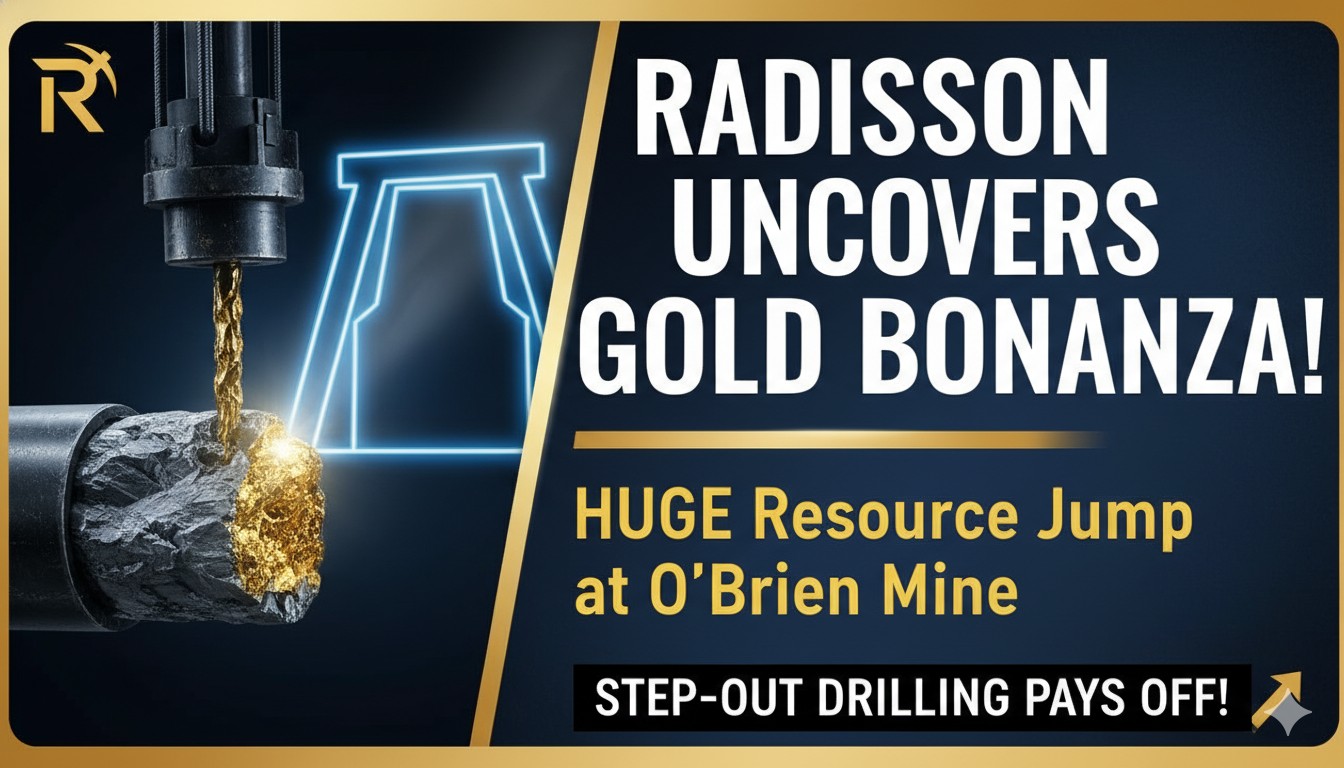Alt Text for featured image : Updated mineral resource estimate map showing growth at Radisson Mining's O'Brien Gold Project with step-out drilling extensions in Québec's Abitibi region