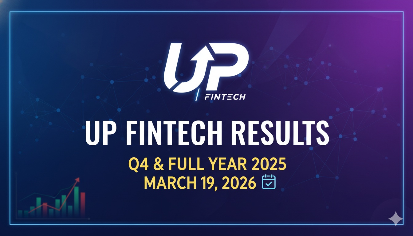 UP Fintech Holding Limited logo with stock chart and earnings calendar highlighting March 19, 2026